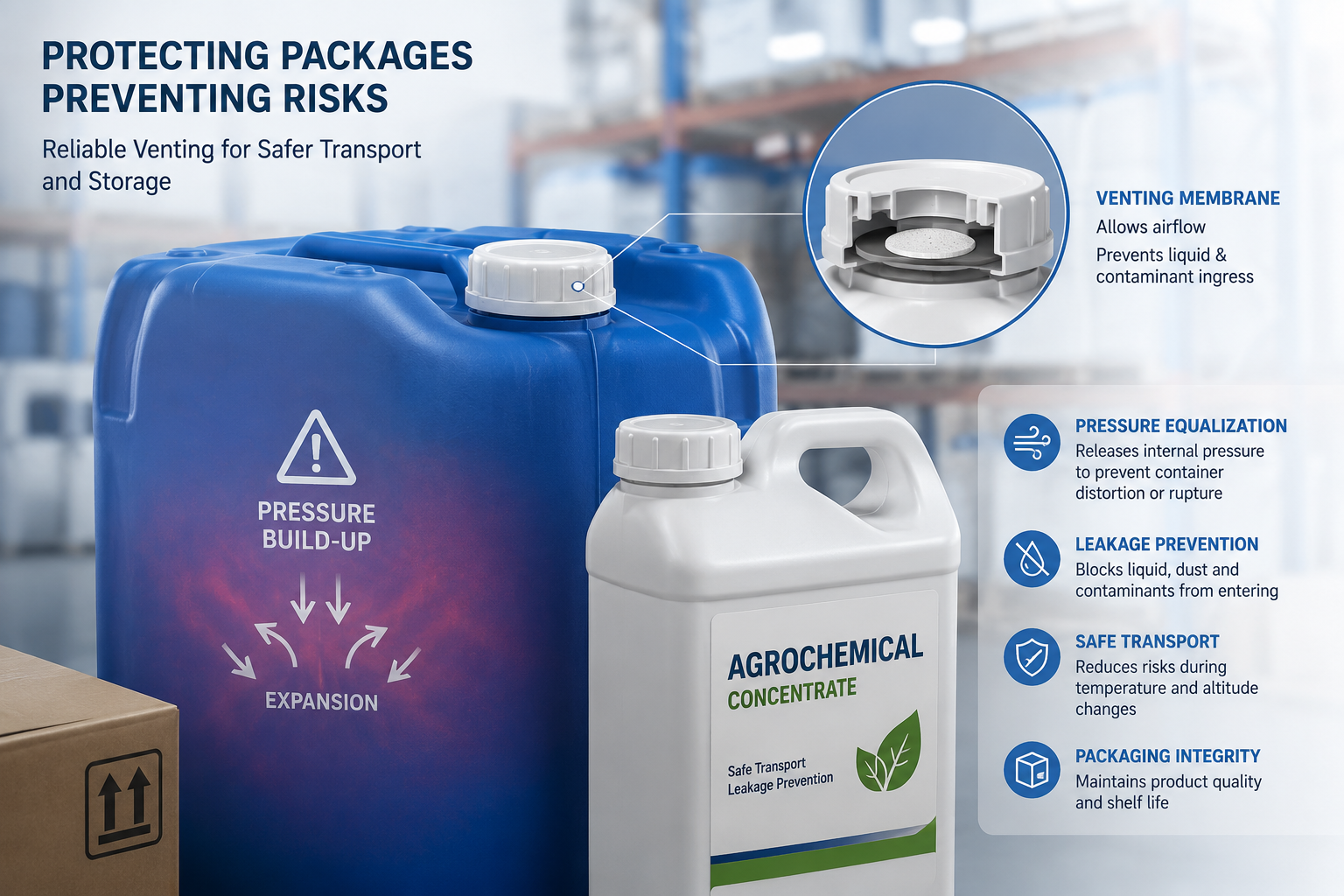 Industrial packaging safety solution with venting membrane for pressure equalization and leakage prevention