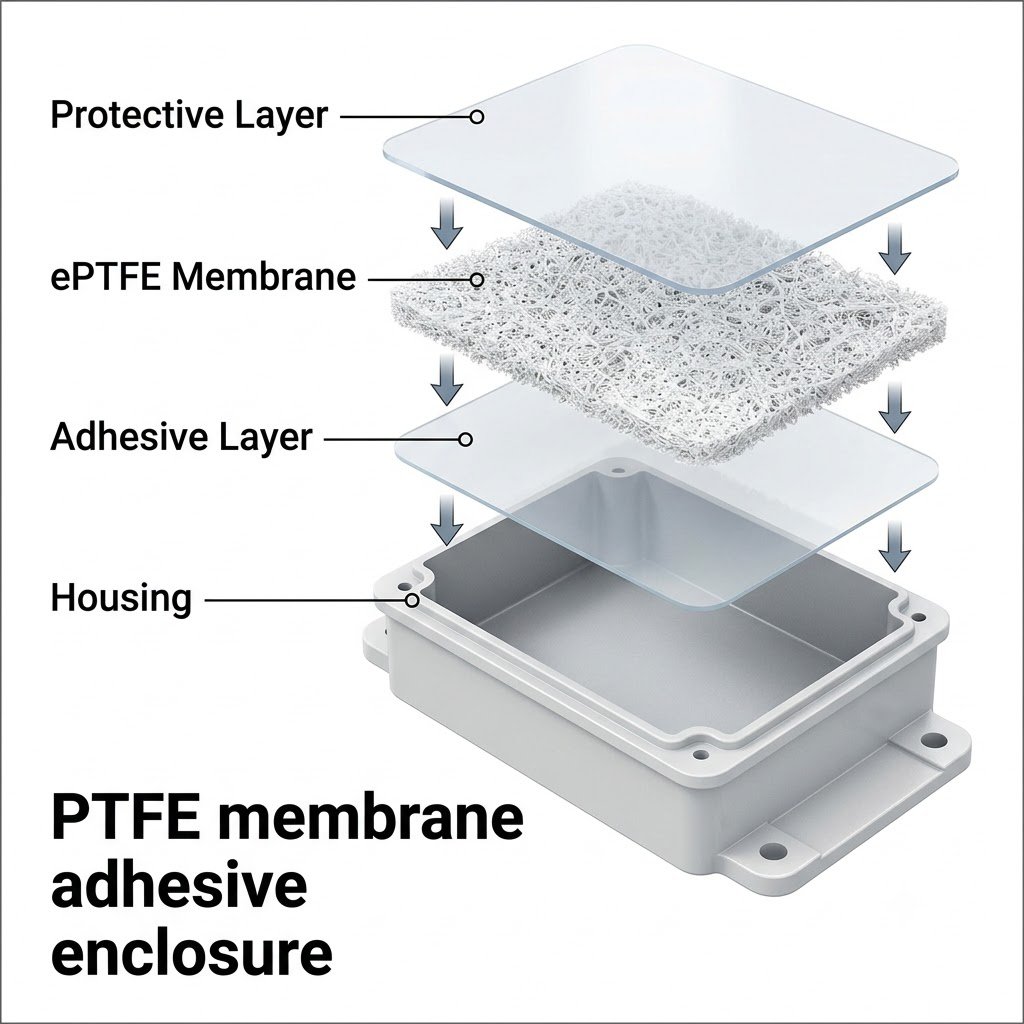 Ventrase Blog Article V1.0:What Is an ePTFE Vent Membrane? ePTFE vent membrane microporous structure showing waterproof breathable technology