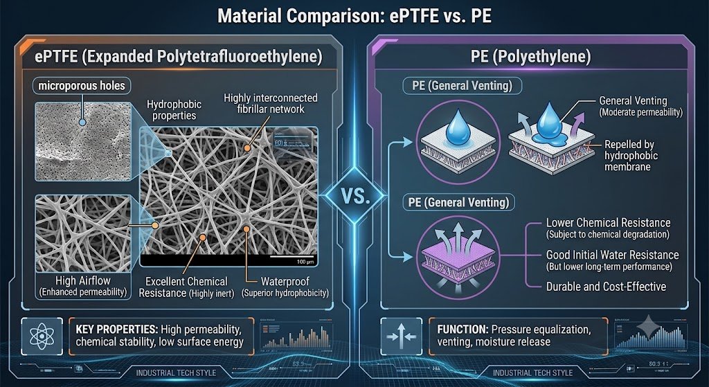 ePTFE membrane vs PE membrane comparison for waterproof breathable vent applications