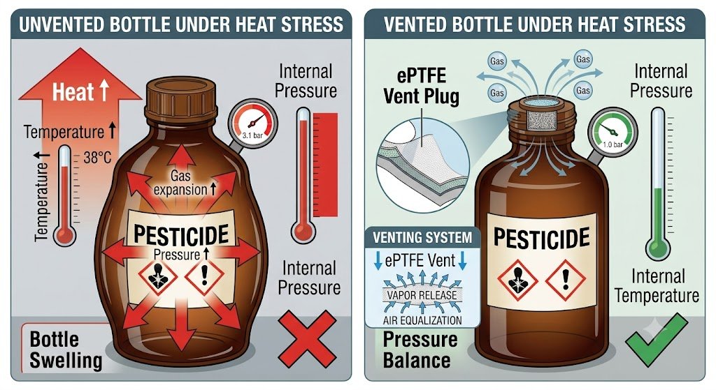 how-to-select-vent-plug-for-agrochemical-packaging Pesticide container pressure buildup caused by temperature changes